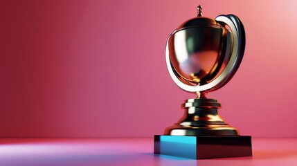 A golden globe trophy on a blue base against a pink background.