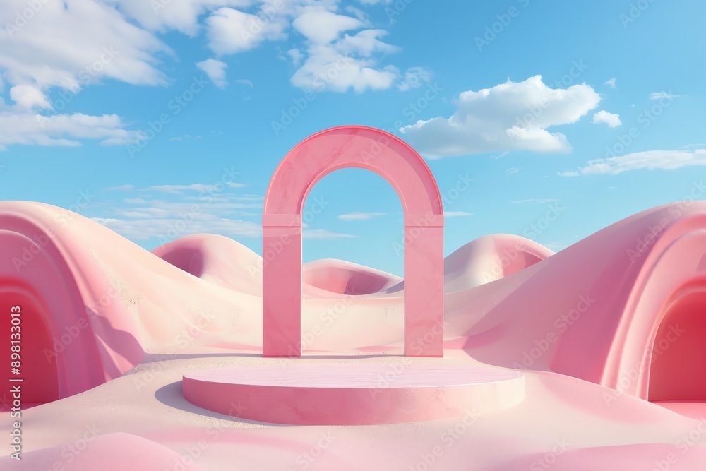 Aufkleber this image showcases a singular pink arch standing on a podium surrounded by smooth pink dunes under