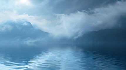 Fototapeta premium Lake merging into a mist, calm water, blue tone.