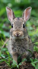 Fototapeta premium A baby rabbit stands in the grass, looking directly at the camera