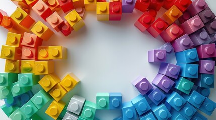 Fototapeta premium Bright and colorful building blocks in red, yellow, blue, and green arranged in a circular pattern on a white background, promoting creativity.
