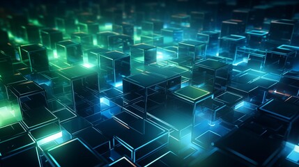 Glowing 3D Abstract Blocks in Blue and Green with Clean Background and Precision Engineering, Rendered in HD with Color Minimalism, wall paper