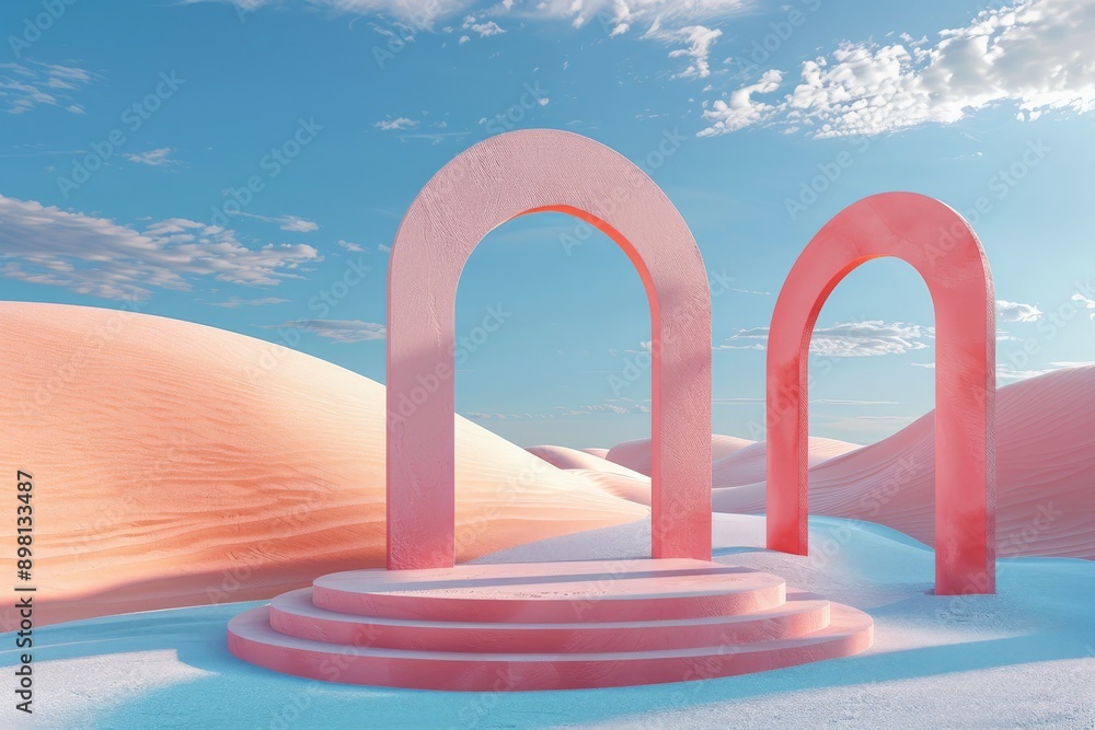 Poster two elegant pink arches rise from white sands against a backdrop of gentle dunes and a clear blue sk