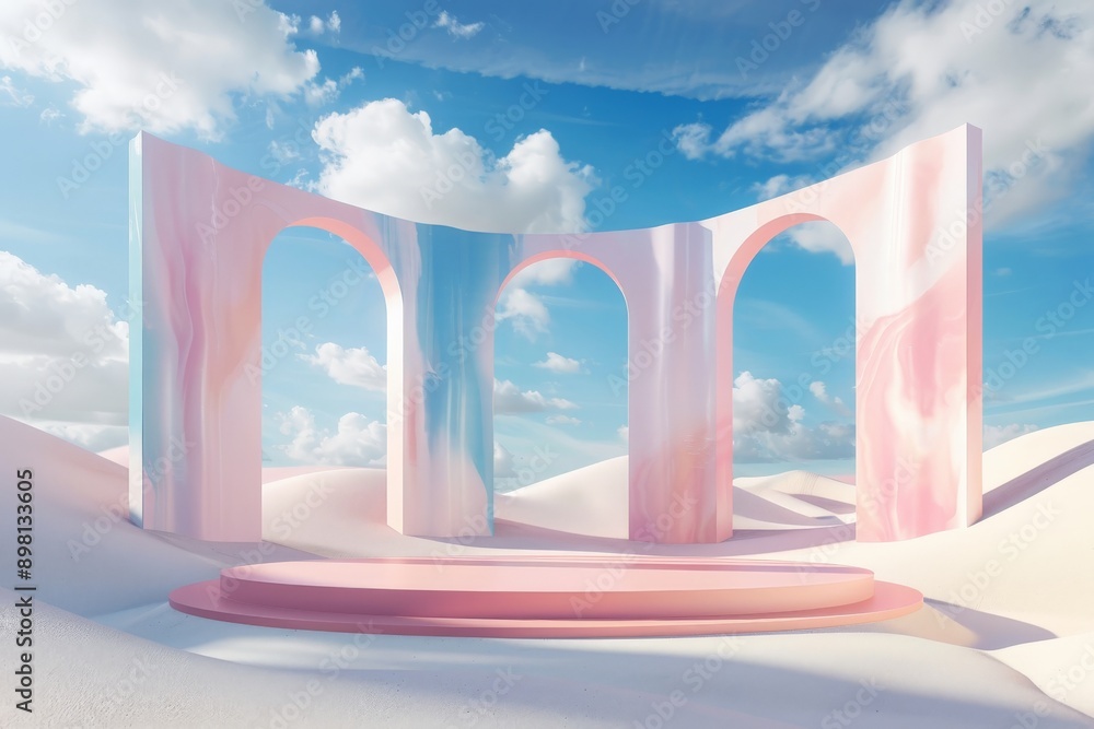 Aufkleber Marble arches in an abstract pastel desert setting with soft pink and blue hues, creating a serene and imaginative atmosphere suitable for modern and conceptual themes.