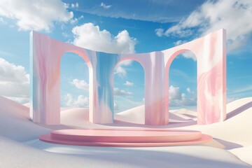 Naklejka premium Marble arches in an abstract pastel desert setting with soft pink and blue hues, creating a serene and imaginative atmosphere suitable for modern and conceptual themes.