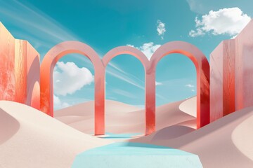 Fototapeta premium Three red arches stand in a surreal desert landscape with a pastel sky backdrop, surrounded by rolling sand dunes and a pastel-colored path flowing through the scene.