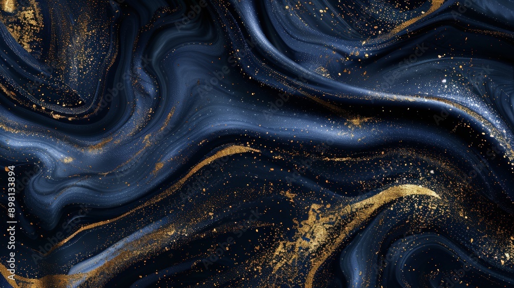 Aufkleber An abstract visual with dark blue and shimmering gold wavy patterns creating a sense of depth, movement, and richness, representing elegance and fluidity in contemporary art.