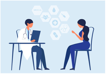 Woman patient consulting depression problem with doctor at hospital vector illustration. Doctor consultation concept