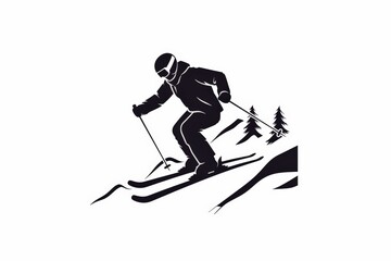 An image of a skier in silhouette skiing downhill with trees in the background. The image captures the essence of winter sports, nature, and the thrill of skiing down a mountain.