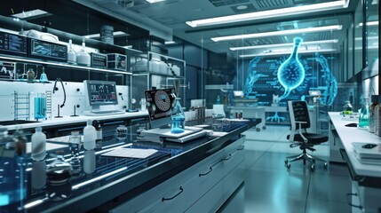 high-tech infectious disease research lab where scientists use digital modeling to study virus transmission and develop vaccines