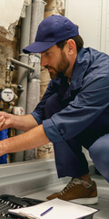 Professional plumber repairing water supply system at home uses an adjustable wrench
