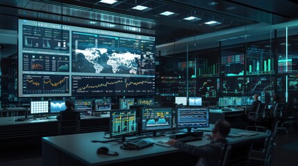 high-tech investment firm where financial analysts use digital dashboards to monitor global markets and make real-time investment decisions