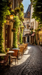 Obraz premium Romantic European City Street View: Exquisite Architecture, Cobblestone Streets, and Alfresco Cafe