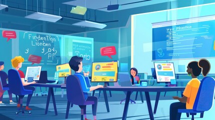 high-tech language lab where students learn new languages through AI-driven interactive programs and virtual conversations