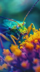 Green insect perched on a purple flower