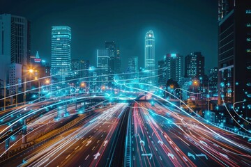 Fototapeta premium A futuristic smart city with interconnected infrastructure, autonomous vehicles, and smart buildings with digital interfaces