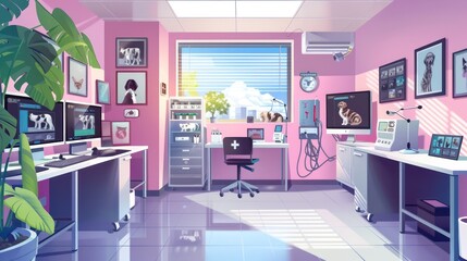 high-tech pet care clinic where veterinarians use digital imaging and telemedicine to diagnose and treat animals more effectively