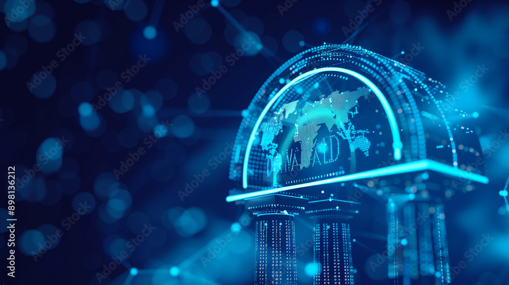 Poster a blue arch with a globe on top of it. the globe is surrounded by a network of lines