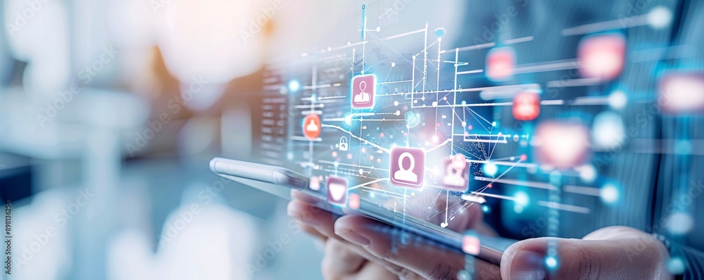 Poster professional setting with a smartphone displaying social media icons and data analytics