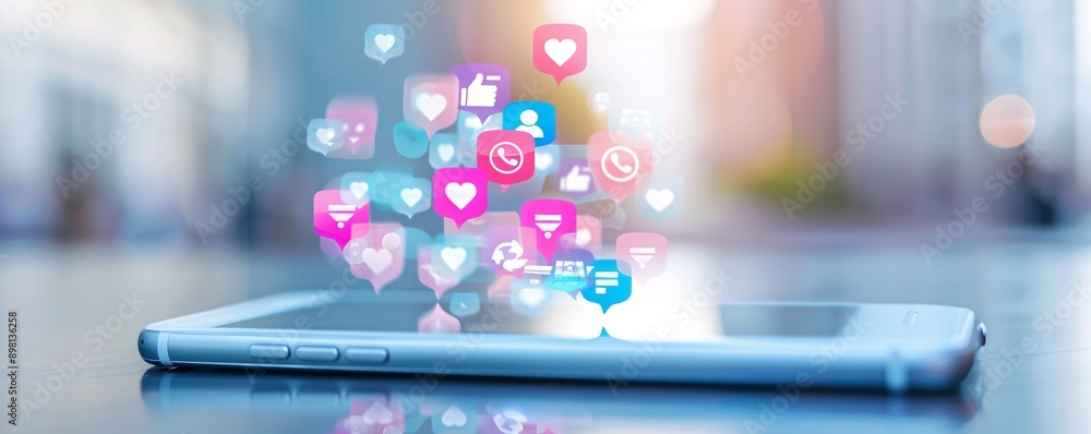 Poster professional setting with a smartphone displaying social media icons and data analytics