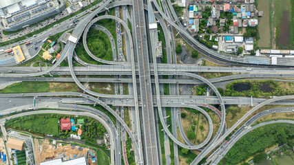 Obraz premium Burapha Withi Expressway, Industrial Ring Road, Bangna Intersection, Routes, Ring Road intersections, intercity connections for transportation, Bangkok Thailand, aerial view