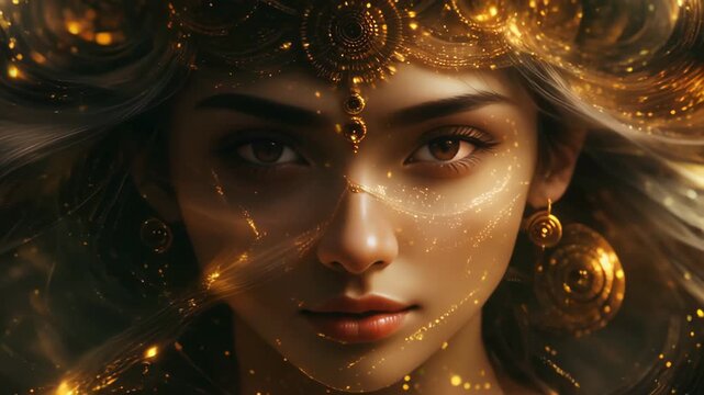 Portrait of a beautiful young woman oriental fairy princess in gold jewelry, looped animation