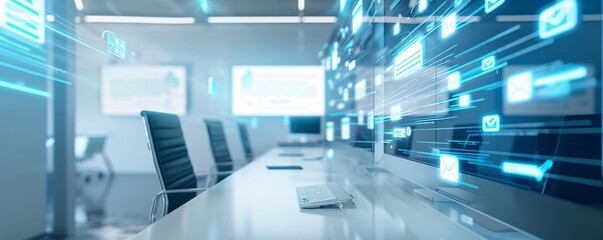 Business conference room with innovative email marketing visuals, highlighting increased reach