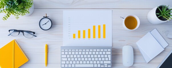 Natural workspace with SEO charts and a creative touch, emphasizing content creation