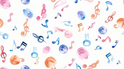Music notes and flowing melodies depicted in a seamless musical pattern using watercolor style create an elegant and rhythmic design.