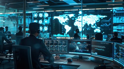 high-tech security operations center where analysts monitor and respond to cybersecurity threats on a global digital map