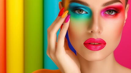 A woman with colorful makeup on her face. She is wearing a bright pink lipstick and has her hand on her face