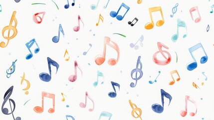 Music notes and flowing melodies depicted in a seamless musical pattern using watercolor style create an elegant and rhythmic design.