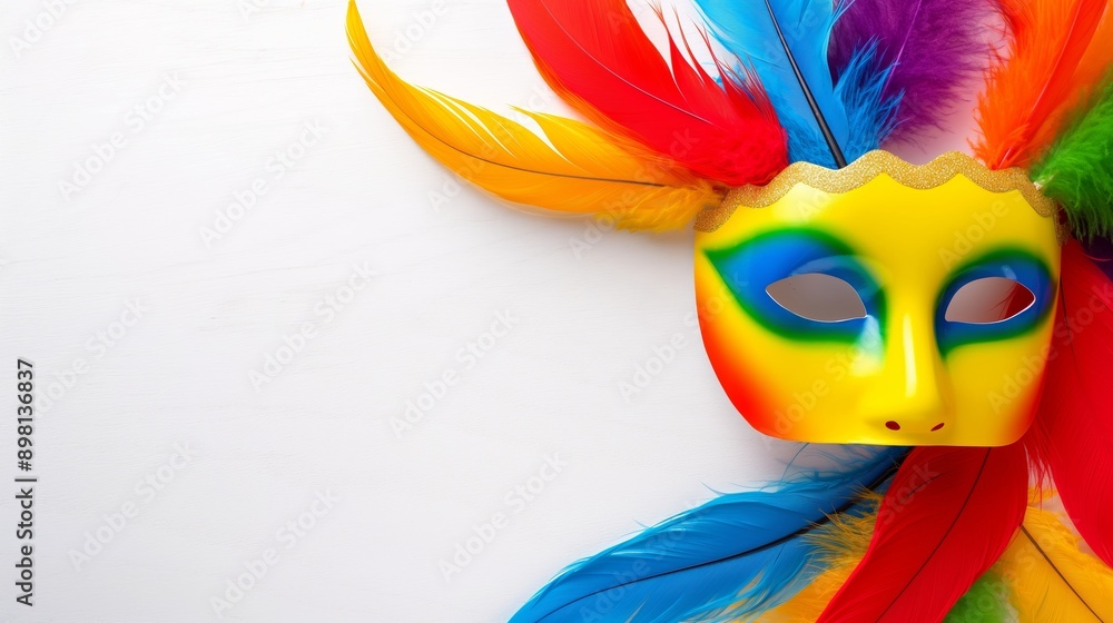 Poster a colorful mask with feathers on it is on a blue background. the mask is the main focus of the image