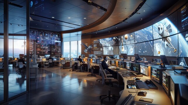 high-tech space exploration control center where scientists and engineers track spacecrafts and manage missions via ultra-high-definition digital displays