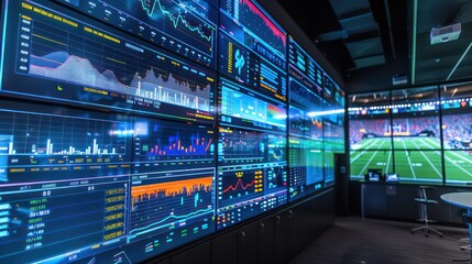 high-tech sports analytics center where coaches and players review performance data on large interactive screens, optimizing strategies in real-time