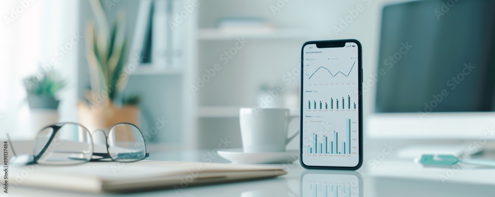 Poster professional office setup with smartphone displaying innovative social media analytics against a sof