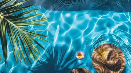 summer pool background, Cinematic details and tropical decorations. Cover for a Pool Party event. Summer theme wallpaper and background