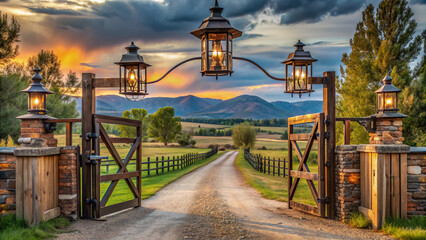 Rustic wooden gate with intricate ironwork and vintage lanterns marks the entrance to a sprawling ranch set amidst a serene countryside landscape.