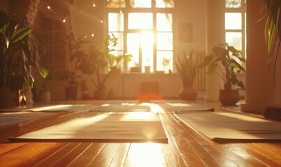 Yoga class in the yoga studio filled with natural light. Self care, mental health concept