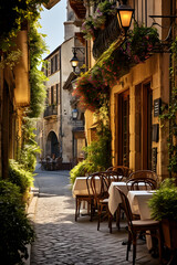 Obraz premium Romantic European City Street View: Exquisite Architecture, Cobblestone Streets, and Alfresco Cafe
