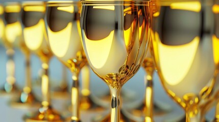 A row of golden wine glasses, reflecting light, creating a festive and elegant atmosphere.