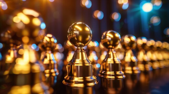 A row of golden award trophies stand on a stage, illuminated by spotlights.
