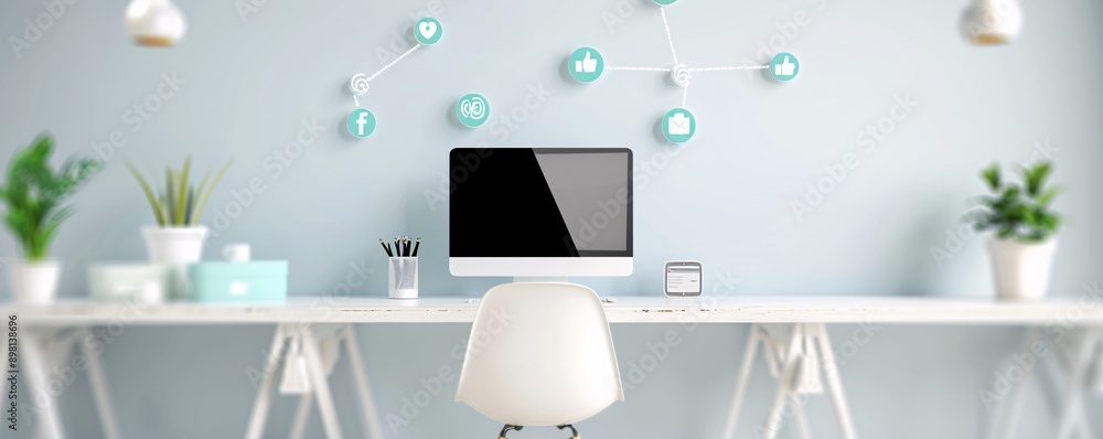 Poster a workspace with soft hues and social media icons, emphasizing target audience reach in a uniquely p