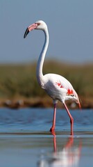 Obraz premium A flamingo wades through shallow water with a bright blue sky in the background