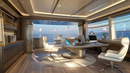 luxurious and modern office integrated into a yacht, featuring nautical themes, sleek furniture, and ocean views