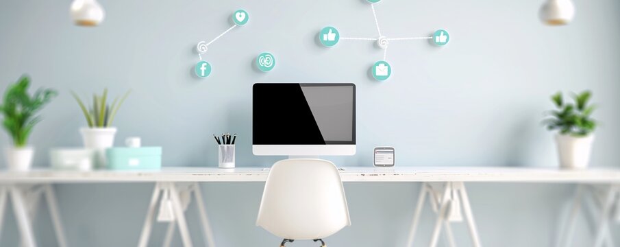 A workspace with soft hues and social media icons, emphasizing target audience reach in a uniquely professional manner
