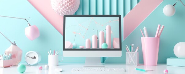 A creative workspace with pastel SEO graphs and charts, focusing on fresh content creation ideas