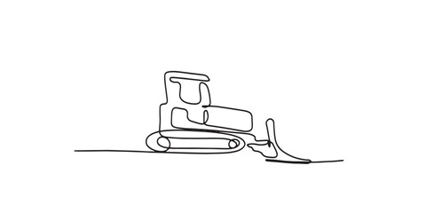 One single line drawing of bulldozer for soil earth drilling vector illustration, commercial vehicle. Heavy digger machine construction concept.