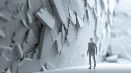 A lone businessman walks towards a wall of abstract white shapes, symbolizing challenges and uncertainty.