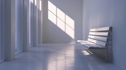 Obraz premium A lone bench sits in a sunlit minimalist room with large windows. The light casts a soft glow on the floor.